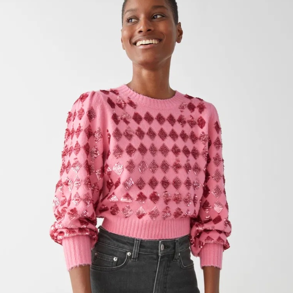 & OTHER STORIES Pink Sparkling Harlequin Sweater Size M FESTIVE HOLIDAY PARTY